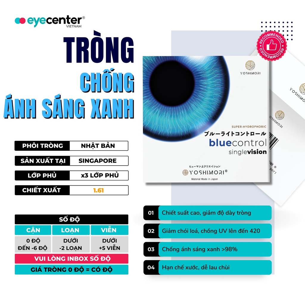 Tròng mắt cận loạn Eye Center Vietnam phôi tròng Nhật Bản chống xước chống UV ngăn ánh sáng xanh đổi màu đi nắng