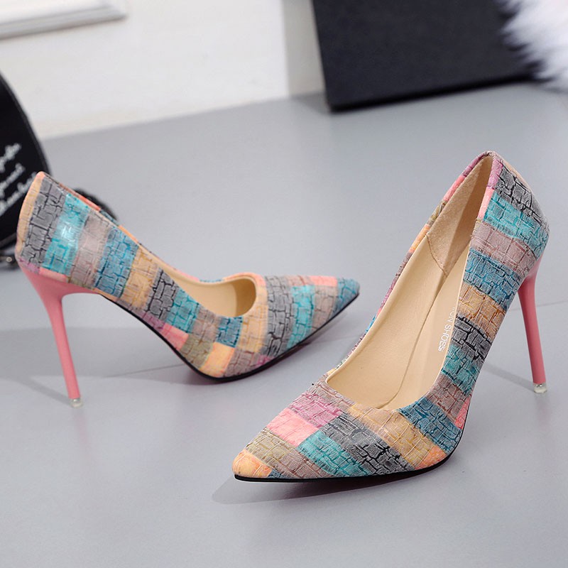 Giày cao gót nữ mũi nhọn họa tiết sọc ngang