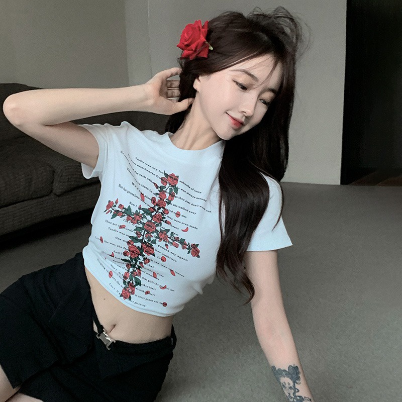 Áo Thun Croptop Cổ Tròn Tay Ngắn Dáng Ôm In Hoa Hồng Kiểu Retro Hàn Quốc Thời Trang Cho Nữ