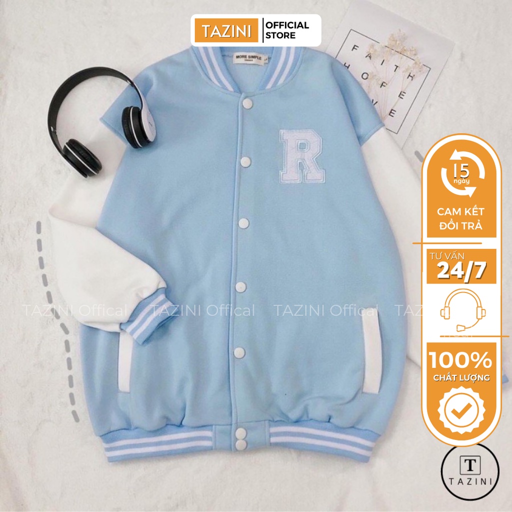 Áo Bomber Cúc Bấm Thêu Nổi Chữ R Nỉ Ngoai Xịn Unisex Form Rộng Độc Đáo Năng Động TaZiNi - Mã 604