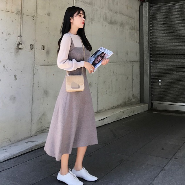 DUNEA Women's New Color Matching Lantern Sleeve Knitted Dress