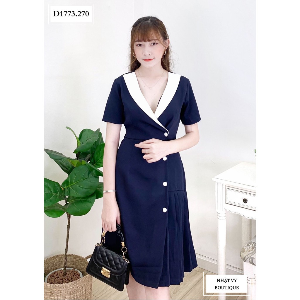 ĐẦM VEST CỔ ĐẮP CHÉO PHỐI TRẮNG - D1773