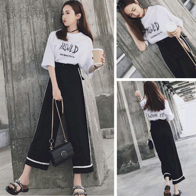 Set áo thun ngắn tay cổ tròn + quần dài ống rộng thời trang cho nữ