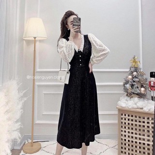 Đầm maxi đen phối tay ren lưới