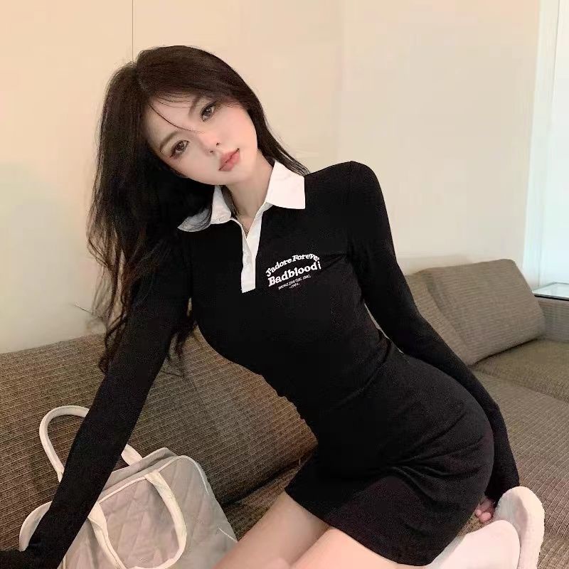 COZOK Đầm Tay Dài Cổ Polo Dáng Ôm Thời Trang Cá Tính Cho Nữ