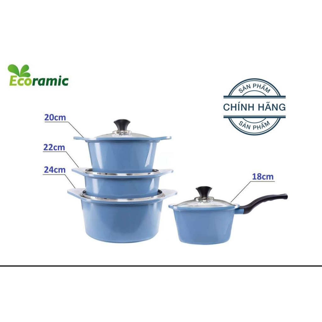 Bộ 4 Nồi Đá Đáy Từ V-Line Ecoramic Hàn Quốc Size 18-20-22-24 Cm | Đúc Nguyên Khối | Cam Kết Chính Hãng