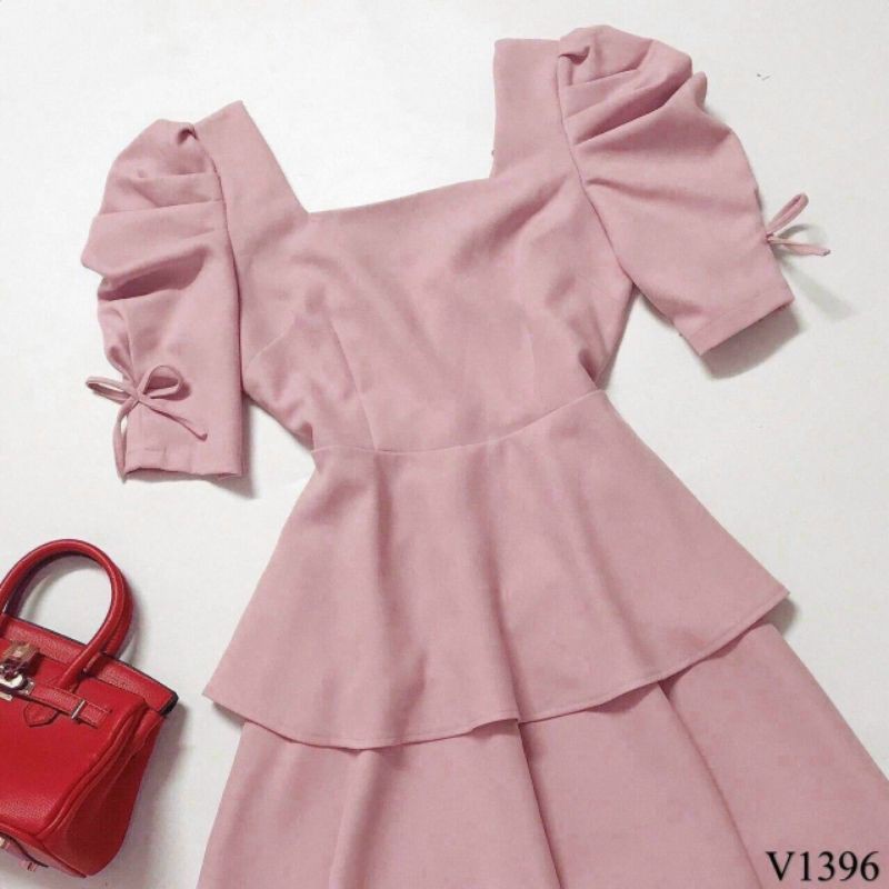 Đầm xòe hai tầng tay phồng kết nơ thanh lịch trẻ trung