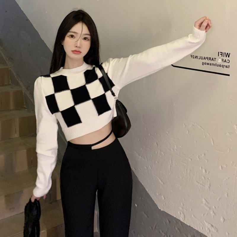 QKOOLE  Áo Sweater Dệt Kim Tay Dài Phong Cách Hàn Quốc Cho Nữ