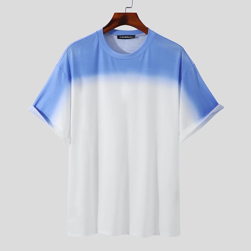 INCERUN Áo Thun Ngắn Tay Cổ Tròn Màu Sắc Gradient Đơn Giản Cho Nam