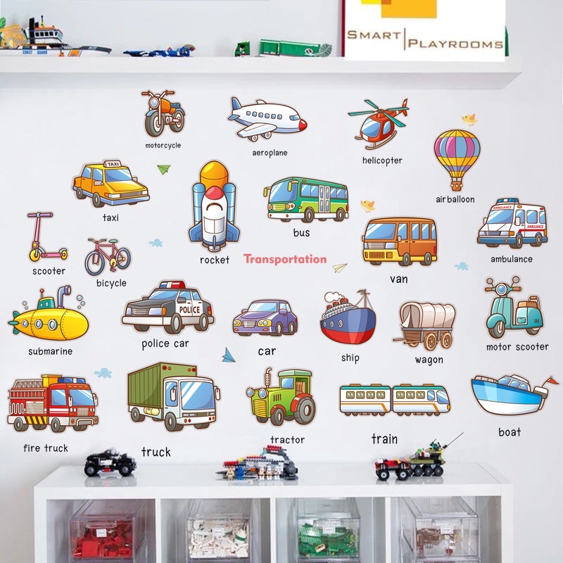 Decal cho bé,Tranh dán tường phương tiện giao thông tiếng anh.