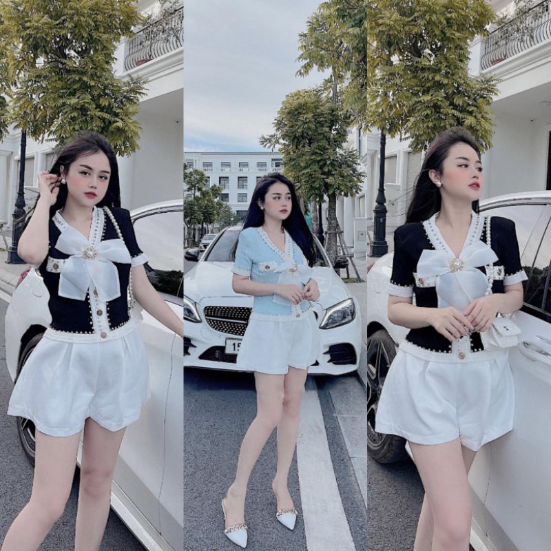 S2103 Áo len cổ tim viền đính đá, dáng tay lửng kèm tag nơ ngọc to chuẩn hàng quảng châu L1
