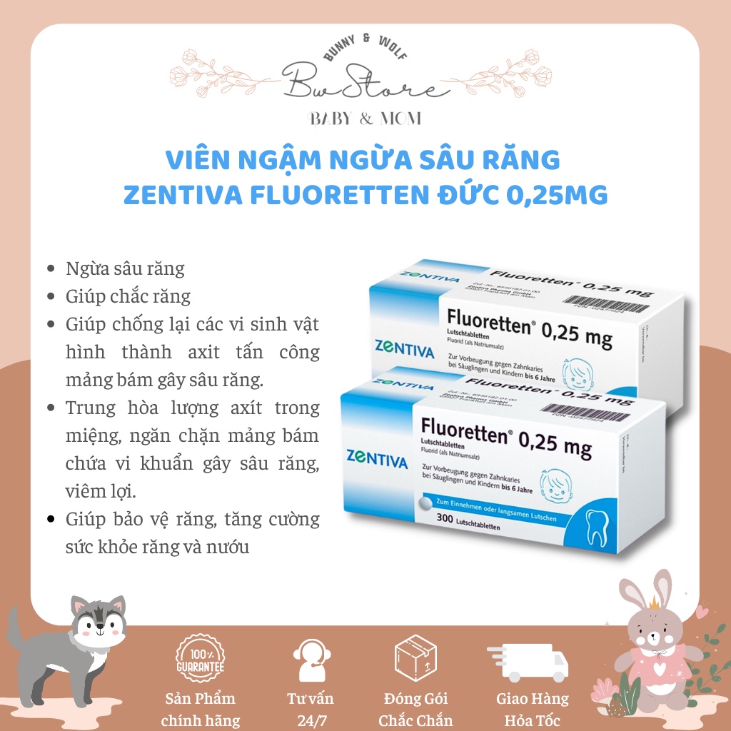 Viên Ngậm Chống Sâu Răng Zentiva Fluoretten 0.25mg Đức Cho Trẻ Từ 0-6y Hộp 300 viên