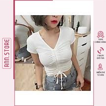 Áo thun nữ có cổ tim tay lỡ ngắn form rộng phông trơn dây rút ANG10