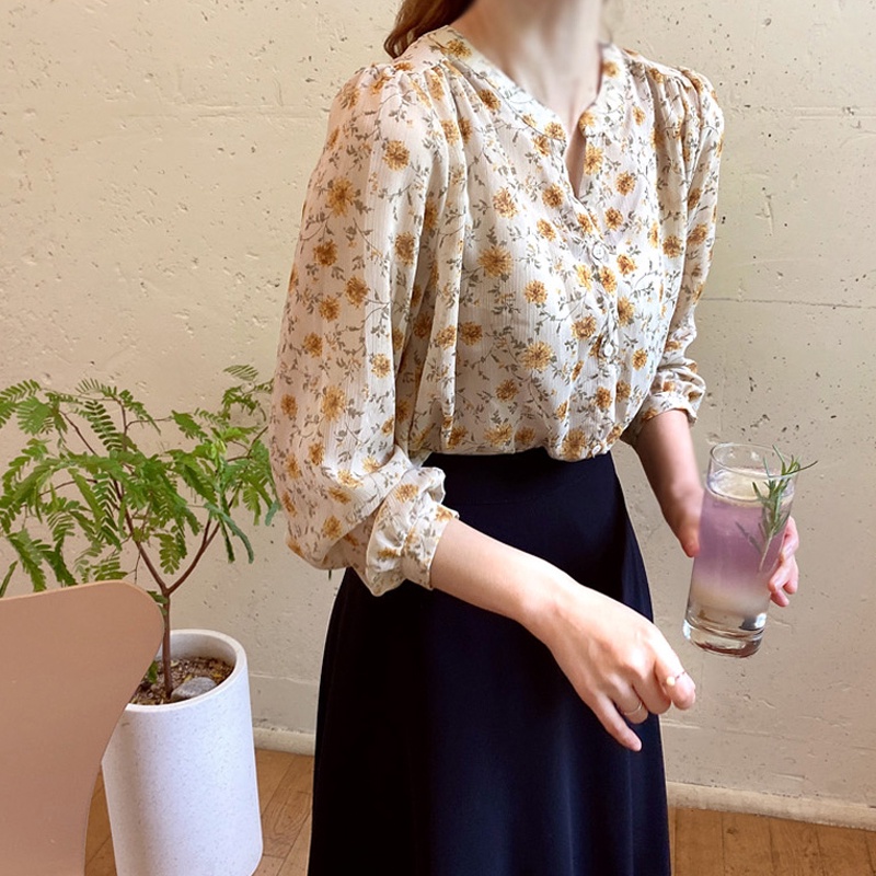 Áo sơ mi tay dài vải chiffon mỏng in hoa thời trang thời thượng cho nữ