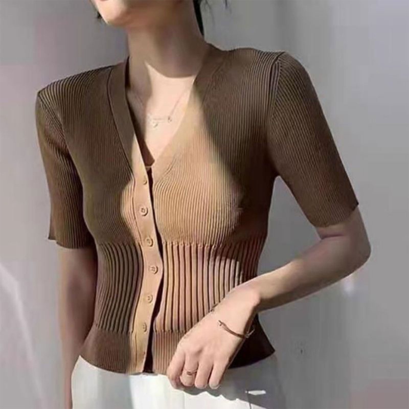 Áo Croptop Dệt Kim Ngắn Tay Cổ Chữ V Phối Nút Gợi Cảm Cho Nữ