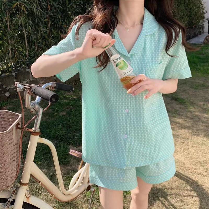Bộ Đồ Ngủ Áo Tay Ngắn Và Quần short Dáng Rộng Màu Trơn Thời Trang Mùa Hè Cho Nữ Sinh