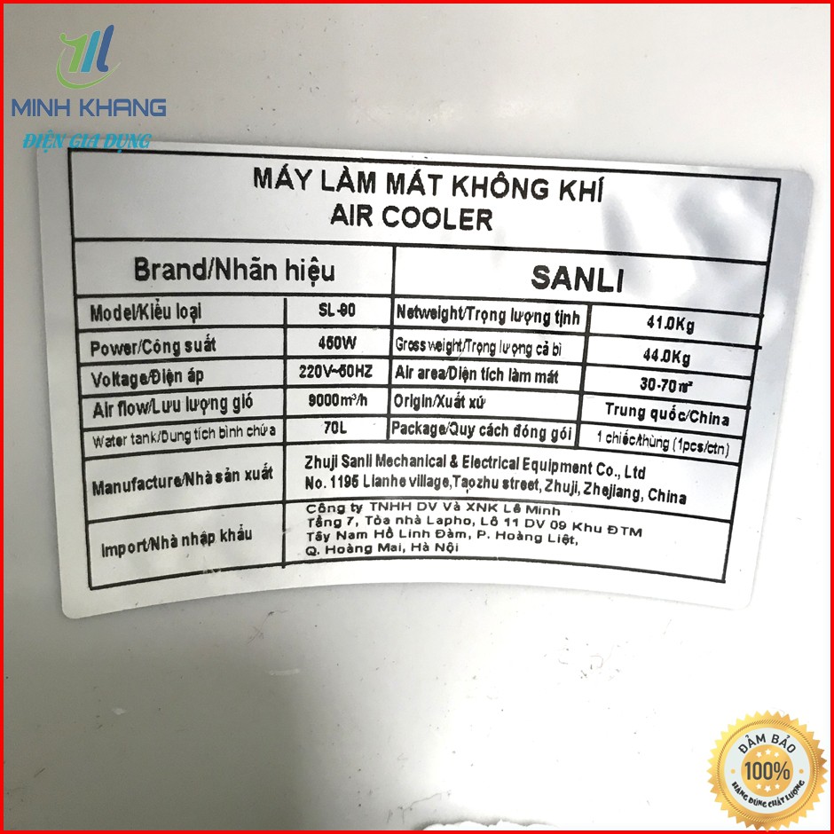 Bảo hành 24 Tháng Quạt điều hòa quạt hơi nước công nghiệp SANLI SL90 450W Bình 100 lít máy cơ