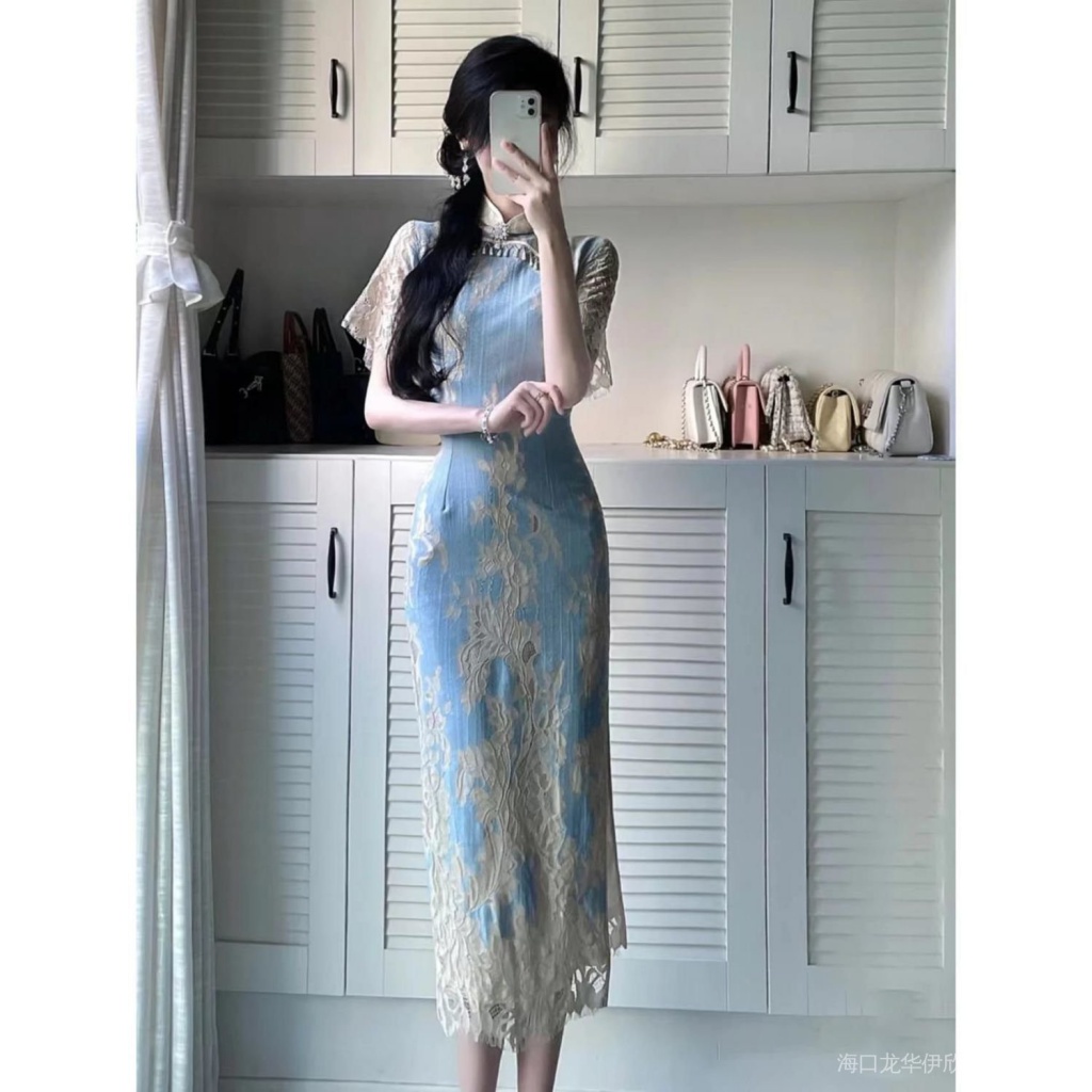 Sườn Xám Cách Tân Phối Ren Màu Xanh Dương Thời Trang Mùa Hè 2022 Mới Cho Nữ