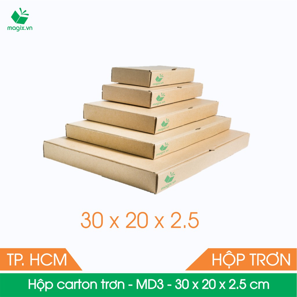 MD3 - 30x20x2.5 cm - 100 Thùng hộp carton trơn đóng hàng + tặng 50 decal HÀNG DỄ VỠ