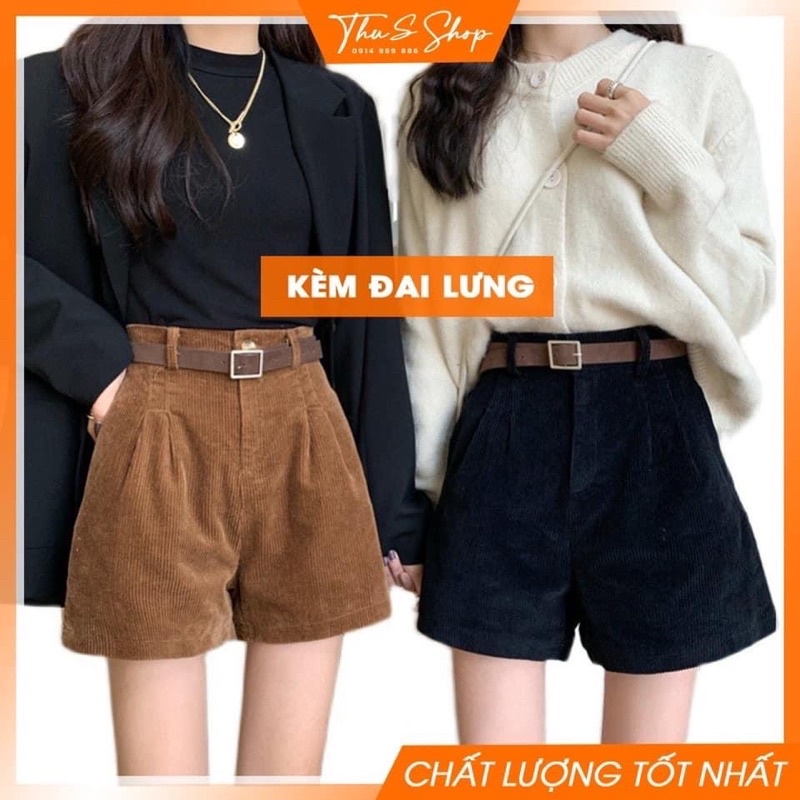 Quần short lưng cao nhung tăm nữ kèm đai thời trang nữ