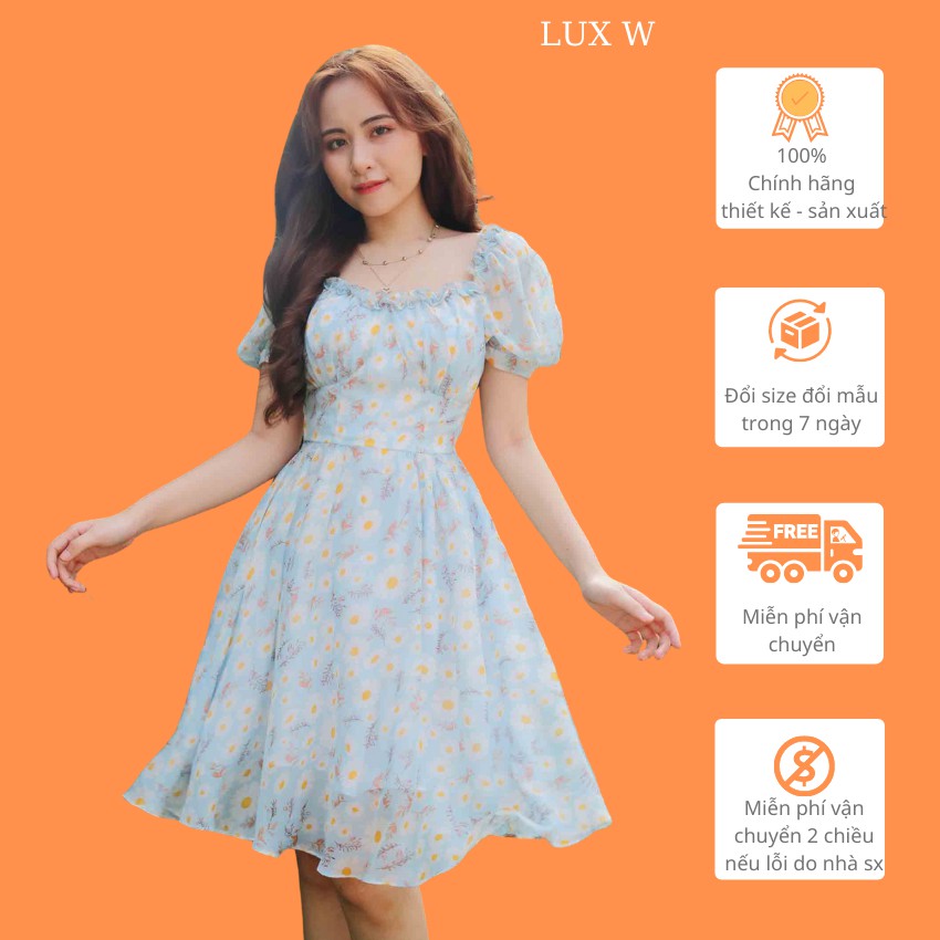 Đầm voan hoa nhí cổ vuông dáng xòe đẹp thiết kế cao cấp xanh bông cúc thời trang eo tôn dáng che bụng đi tiệc đi chơi