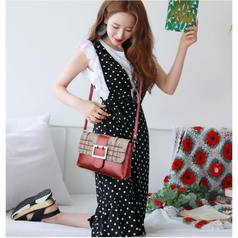 Túi đeo chéo nữ da mềm kẻ caro nhiều ngăn giá rẻ  tuixinh5555 KED11