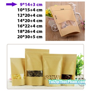 100 cái 9x14+3cm Túi zip giấy Kraft cửa sổ tràn viền nhỏ phủ PET CPP chống nước chuyên đựng thực phẩm có nhận in logo