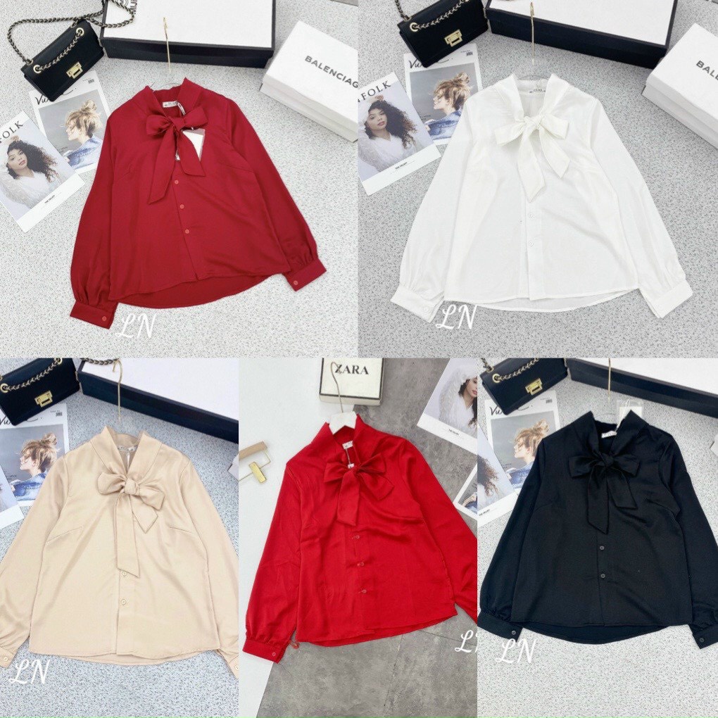 Áo sơ mi lụa công sở cổ nơ nhiều màu