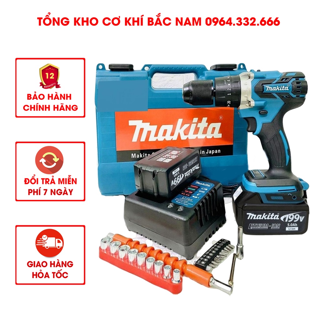 Máy khoan pin, Khoan pin Makita 199v có búa 3 chức năng: Máy bắn vít, may khoan động cơ không chổi than. Bảo hành 1 năm.