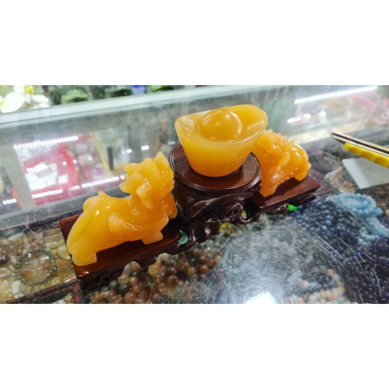 Cặp Tỳ Hưu Cánh Tiên 10cm + Bát tụ bảo 10cm + đế gỗ Đá ngọc Hoàng Long