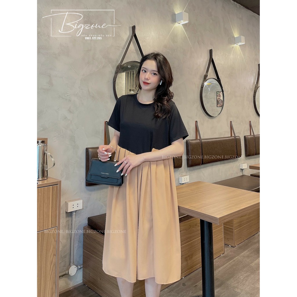 Đầm váy bầu cotton pha hai màu vạt chéo cách điệu 45 75kg