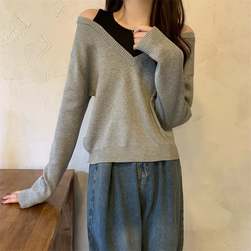 ZHELIHANGFEI Áo Sweater Tay Dài Cổ Chữ V Lưng Cao Giả Hai Lớp Cá Tính Thời