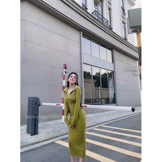 Đầm body thun gân có túi cổ bẻ tay dài!