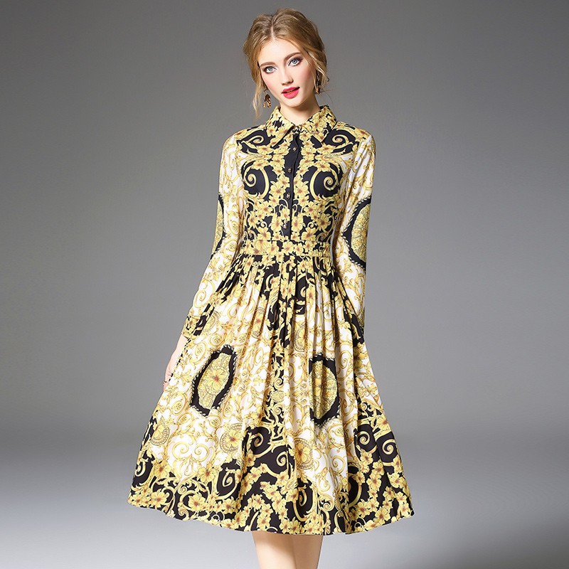 Women's Fashion High Quality Printed Long Baroque Floral Pleats Midi Party Dress | BigBuy360 - bigbuy360.vn