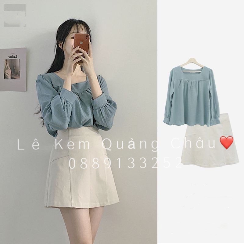 Sét Chân Váy Chữ A 2 Lớp + Áo Kiểu Tay Bồng Cổ Vuông QC ❤️