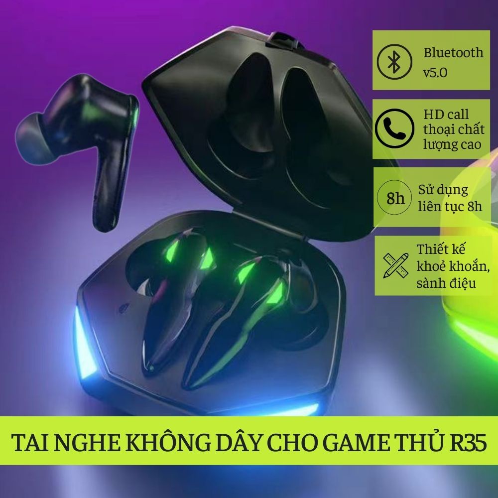 Tai nghe Bluetooth TWS WIRELESS V 5.0 R35, Bass mạnh mẽ, thỏa mãn chơi game, nghe nhạc pin 8 giờ