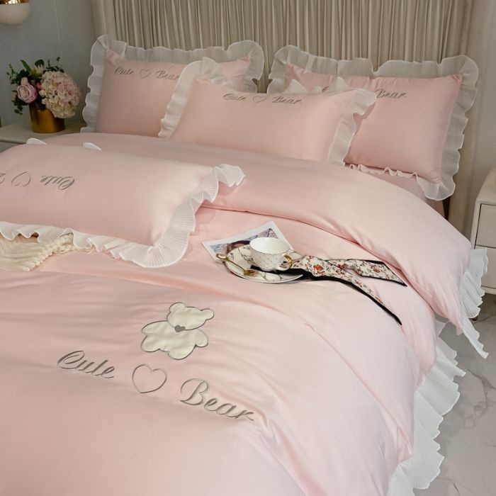 Light luxury Princess lace washed silk three or four piece set spring and summer 1.8 fitted sheet naked sleeping sheet quilt cover ice silk set Qon8
