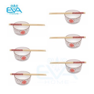 Bộ 6 Chén Sứ Và Đũa Hoa Đào Cao Cấp