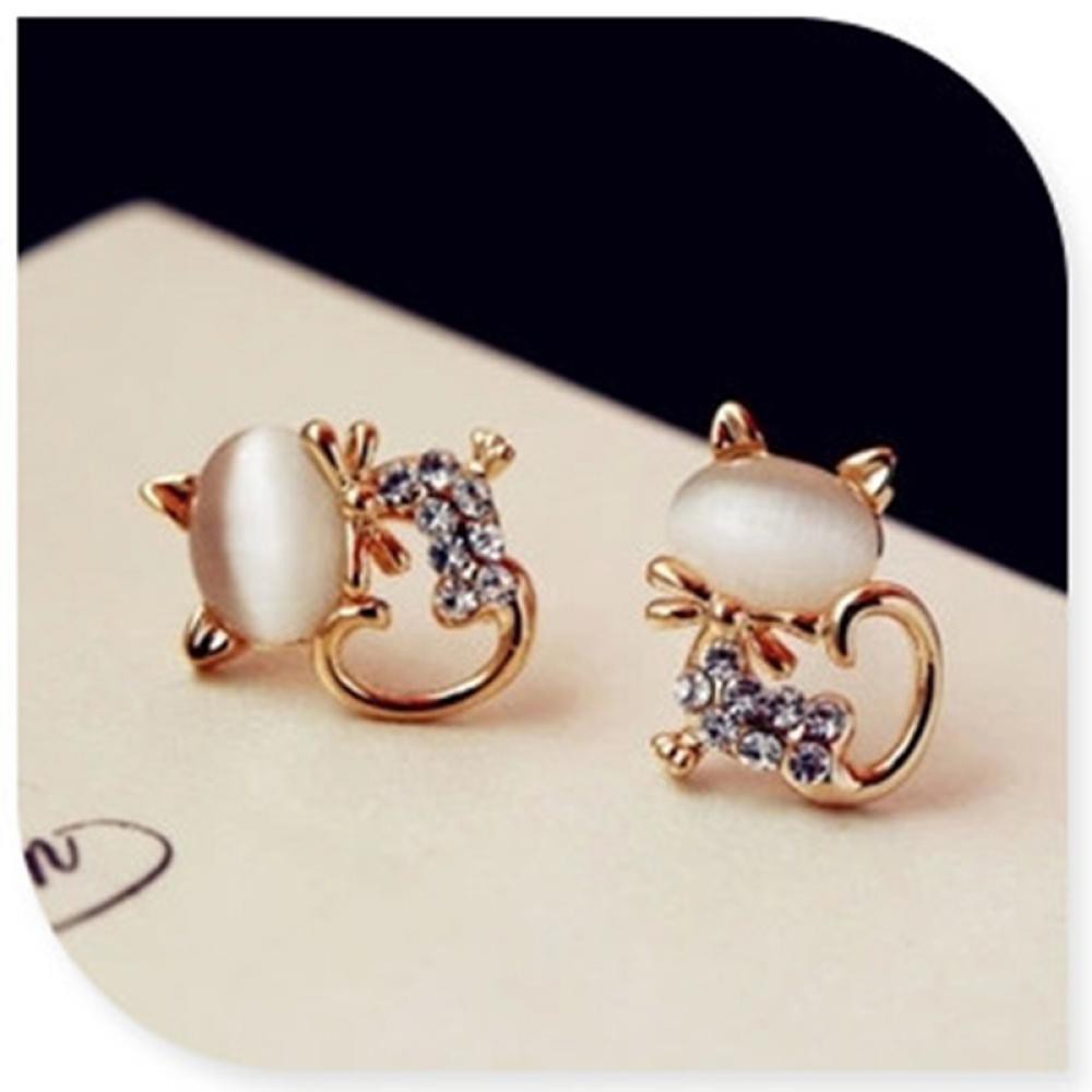 Bông tai mạ vàng dạng đầu xỏ hình con mèo dễ thương có đính đá cho nữ