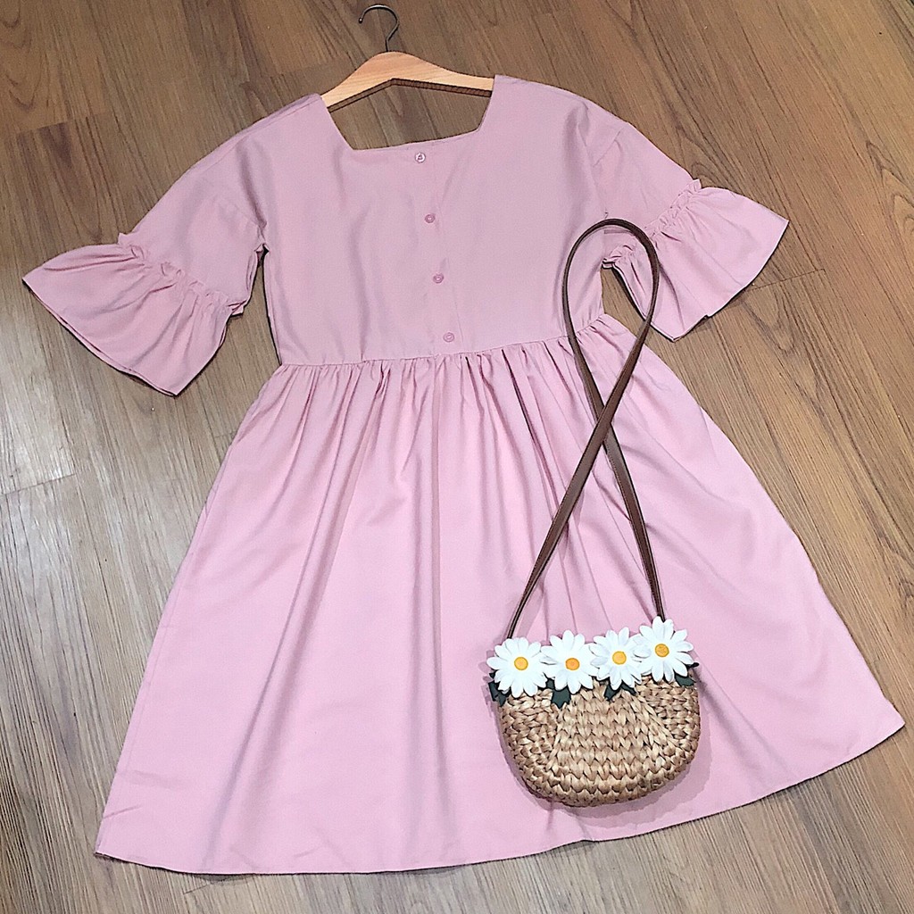 [ẢNH THẬT CUỐI] Đầm Xoè Babydoll Hồng Dễ Thương Đính Cúc Tay Loe - DX076