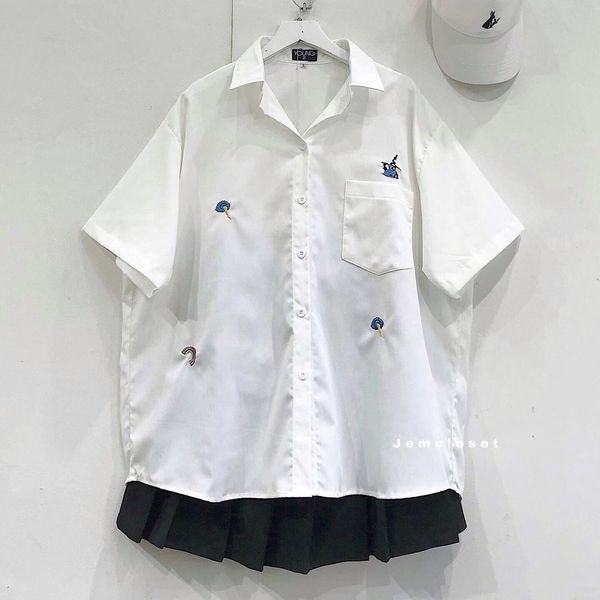 Áo Sơ Mi Nữ Tay Ngắn Thêu Họa Tiết Nhí Đáng Yêu BALE Gồm 3 Màu Trắng - Đen - Hồng - 10038 ( Jem Closet )