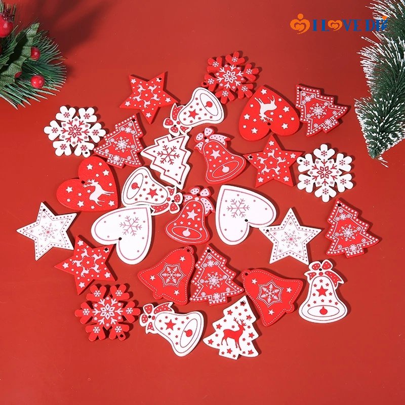 Set 12 Miếng Gỗ Hình Bông Tuyết Màu Đỏ / Trắng Treo Trang Trí Cây Thông Noel