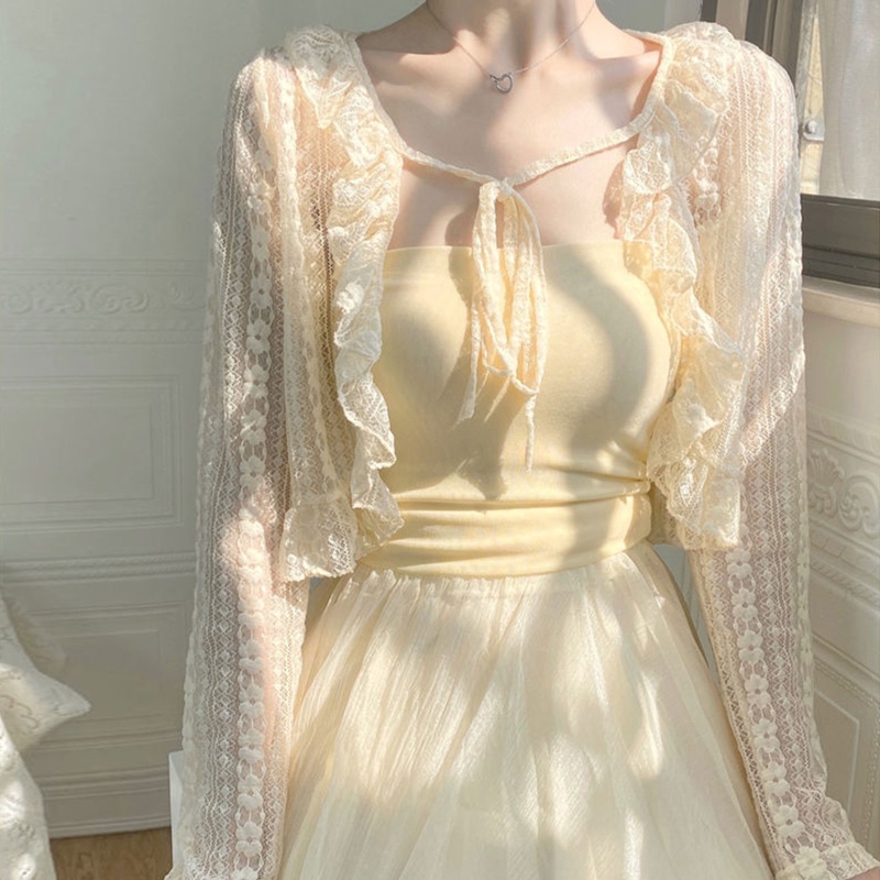 Áo Khoác Cardigan Ren Hoa Tay Dài Cổ Chữ V Chống Nắng Cho Nữ Tri