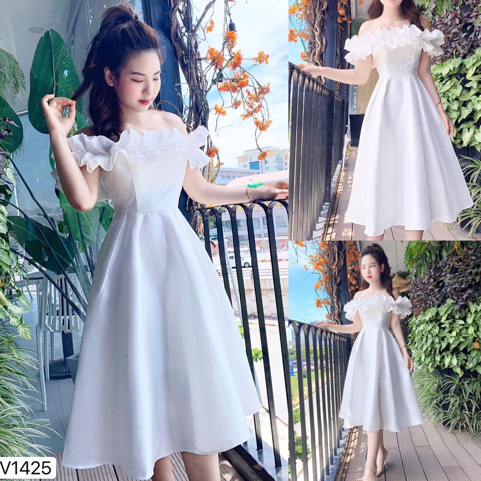 ⚡FLASH SALE⚡ Váy dự tiệc trắng xòe trễ vai cao cấp V1425