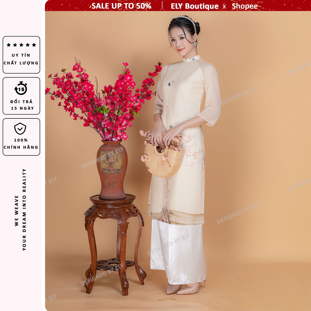 Áo dài cách tân nữ thiết kế 4 tà ELY vải voan tơ in thêu họa tiết nổi ELV06
