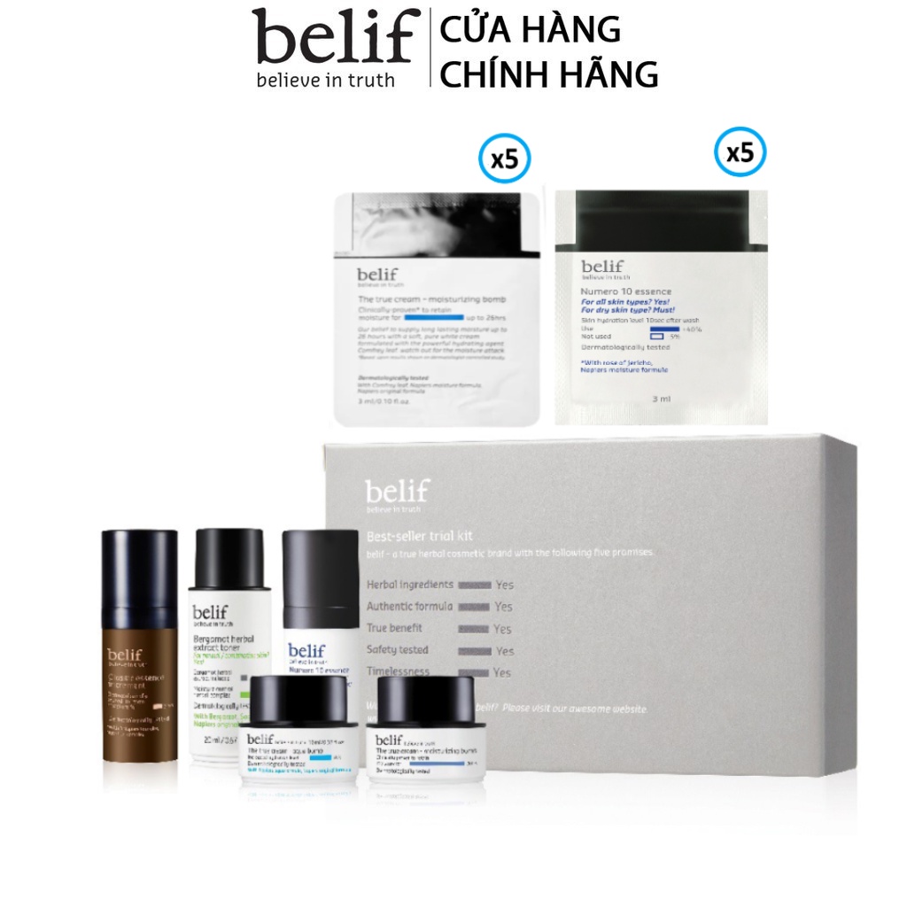 [HB Gift] Bộ dưỡng 5 món Belif Best-Seller Trial Kit và Combo 5 gói Kem cấp ẩm suốt 26 giờ và 5 gói Tinh chất khoá ẩm