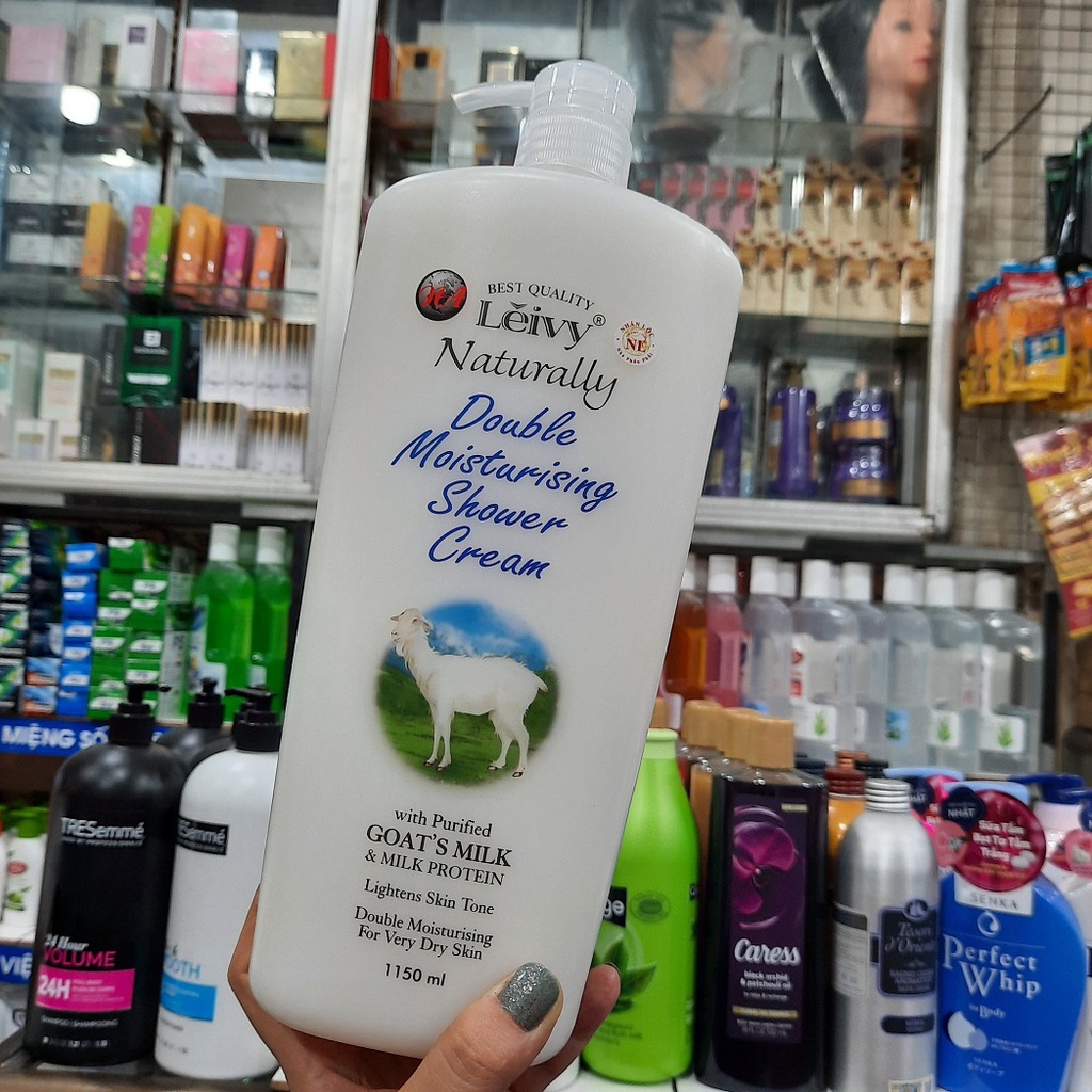 Sữa tắm dê trắng da &amp; gữ ẩm gấp đôi Leivy Naturally 1150ml (xanh)