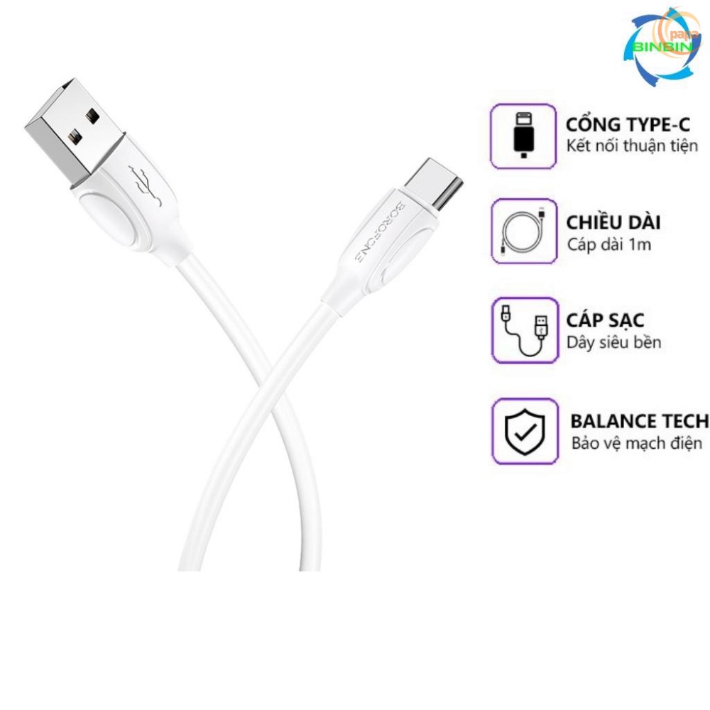Dây sạc type c, Cáp sạc type c Borofone BX51 sạc nhanh 3A  cho điện thoại androi, samsung, oppo, xiaomi..