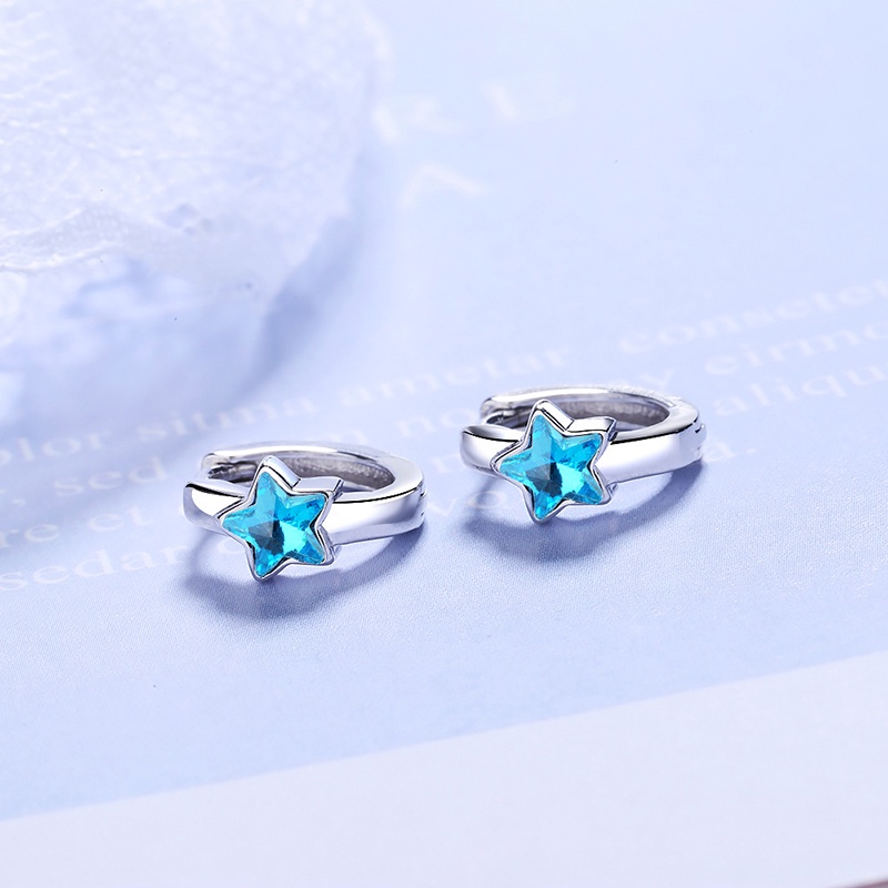 Khuyên tai tròn đính đá zircon hình ngôi sao nhỏ màu xanh dương bằng bạc sterling cho bé gái trẻ em gái