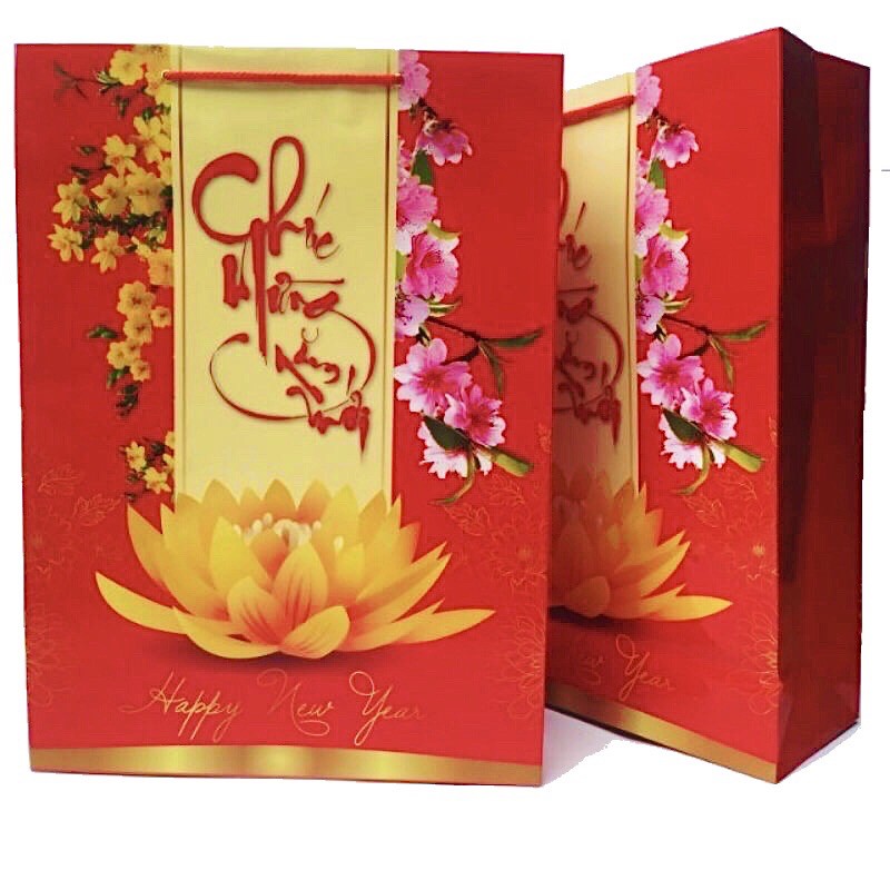 Combo 50 túi đựng quà Tết màu đỏ, túi chúc mừng năm mới Happy new year
